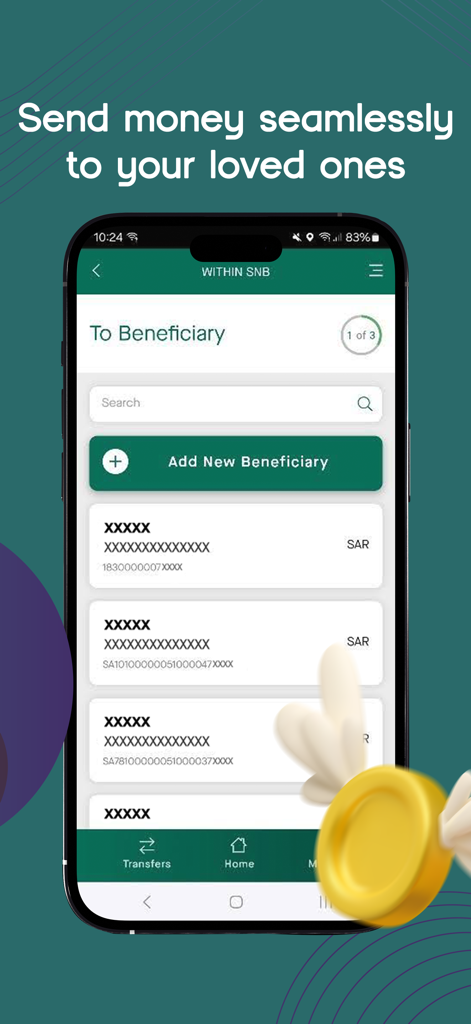 Interface do aplicativo SNB QuickPay mostrando a lista de beneficiários para envio de dinheiro.