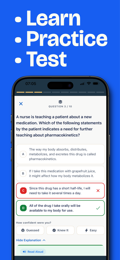 Simple Nursing NCLEX Exam Prep - Interfaccia dell'app Simple Nursing NCLEX Exam Prep che mostra una domanda di pratica sulla farmacocinetica con feedback sulle risposte corrette e incorrette.