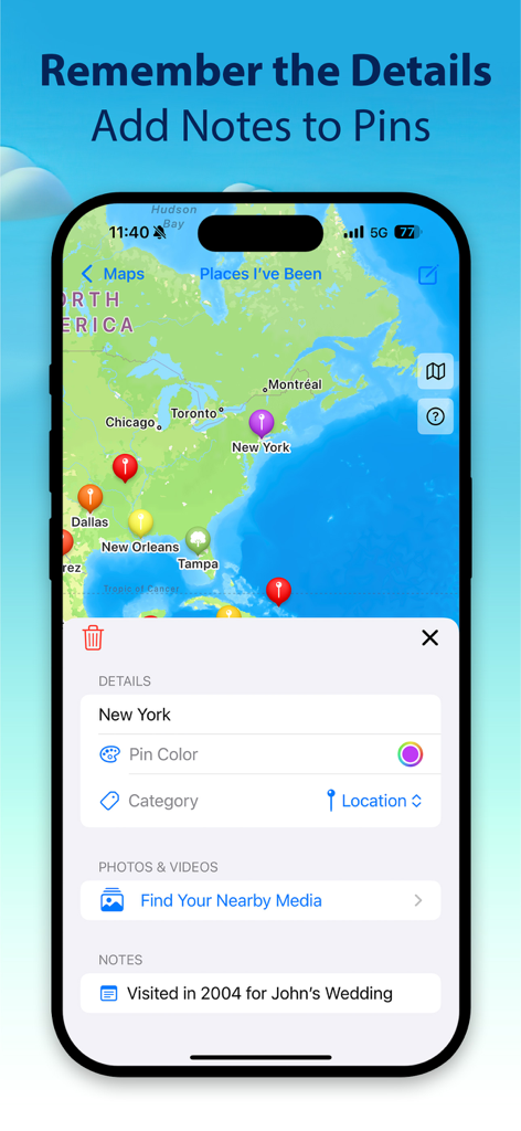 My Travel Map: Trip Tracker - iPhone-Bildschirm der Meine Reisekarte-App, der Reise-Pins auf einer Karte und eine Notiz zu einem New York-Reise-Pin zeigt.