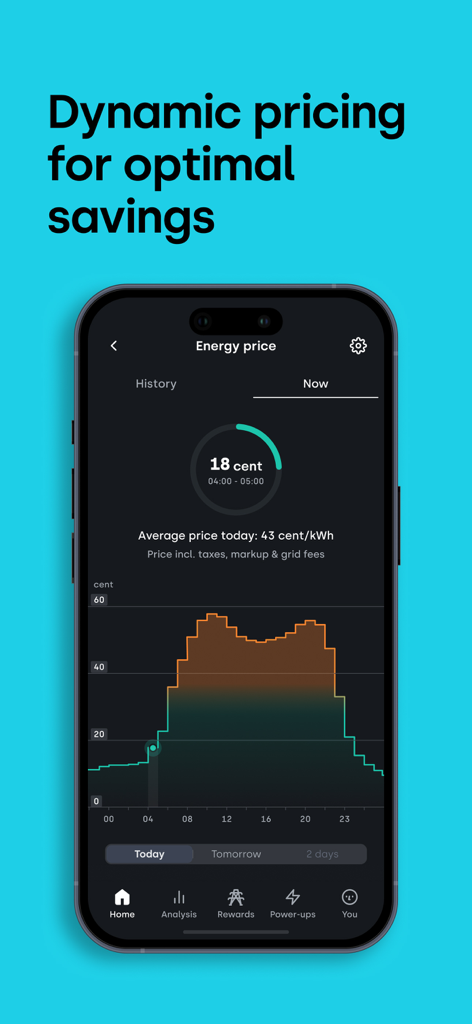 Tibber - Smarter power - Tibber app interface showing real-time electricity prices and a daily price fluctuation chart for energy savings