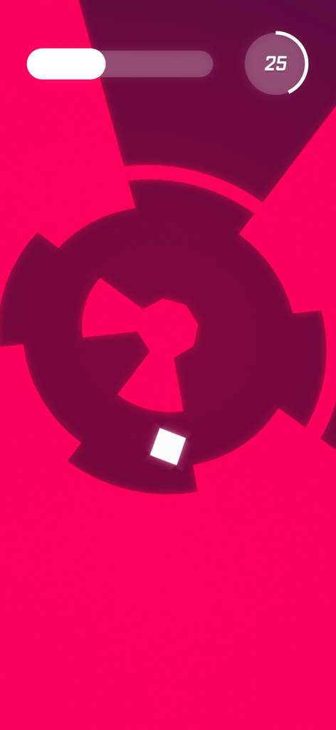 O-VOID - A white square player character navigating a pink spinning geometric circle in the O-VOID mobile game.