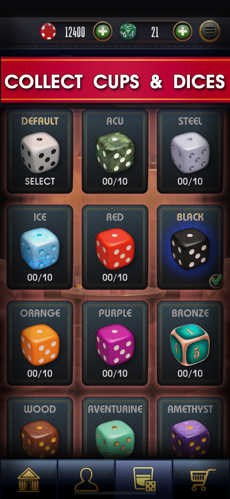 A menu screen in the Farkle online app showing a variety of colorful dice skins to collect including ice red black and bronze designs