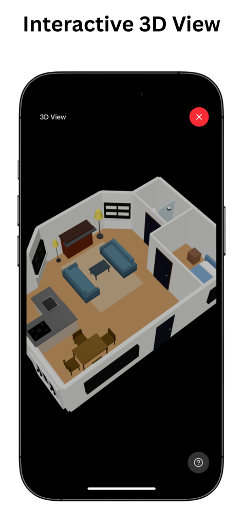 RoomSketch3D FloorPlanner - Una visualización interactiva de plano de planta en 3D en un iPhone que muestra la distribución de una sala de estar y un comedor amueblados.