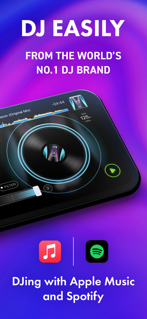 rekordbox mobile DJ app interface showing turntable with Spotify and Apple Music integration