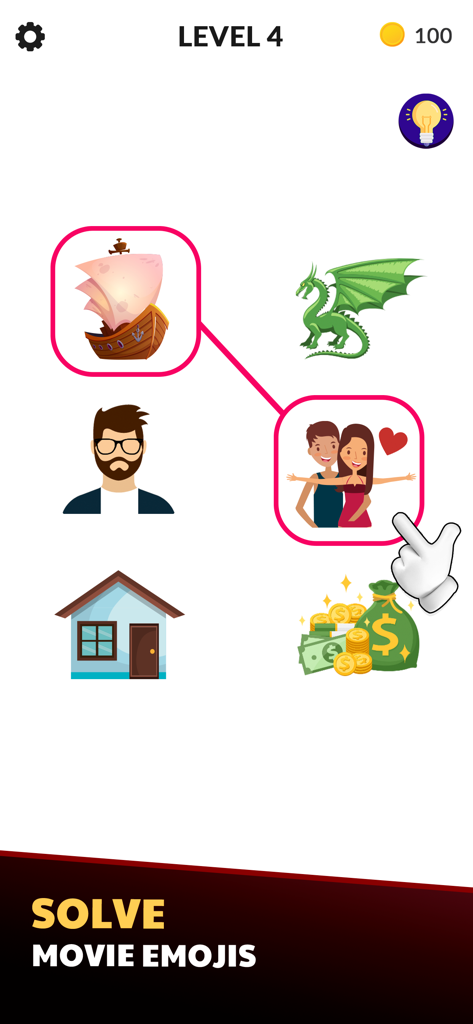Una captura de pantalla del juego Rompecabezas de Emojis de Películas que muestra el Nivel 4 donde un ícono de barco se está combinando con un ícono de pareja para resolver un título de película