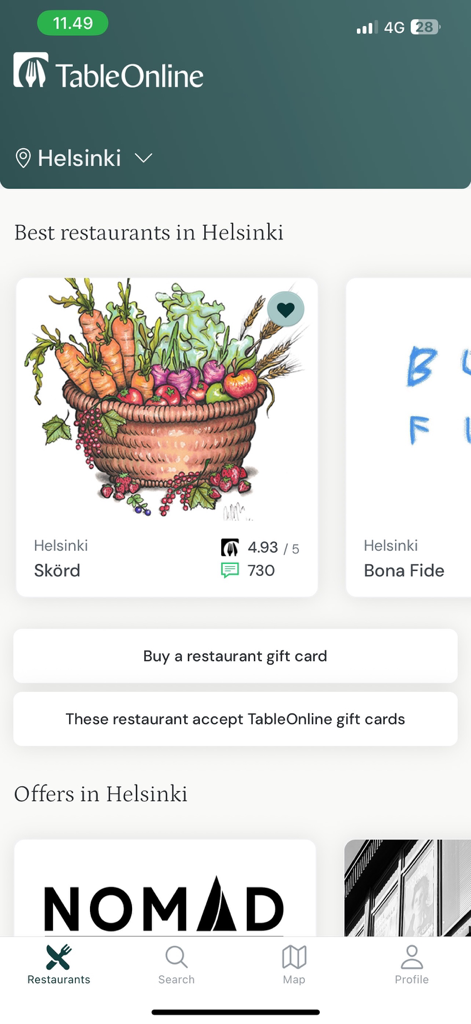 TableOnline - Reservations - TableOnline app interface showing the best restaurants in Helsinki with ratings and gift card options