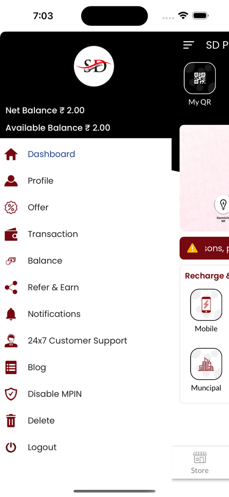 Barra lateral de navegación de la aplicación móvil SDPay con saldo de cuenta y elementos del menú