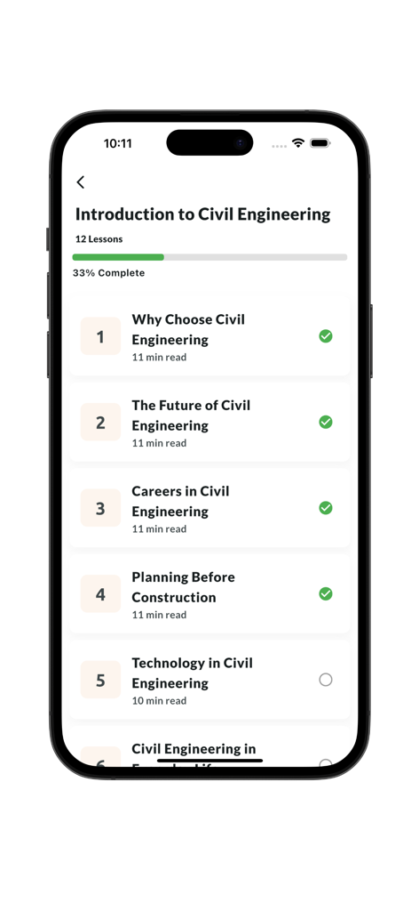 Civil Engineering Tutorials - Pantalla móvil mostrando una lista de lecciones para un curso introductorio de ingeniería civil que incluye temas como trayectorias profesionales y planificación de la construcción.