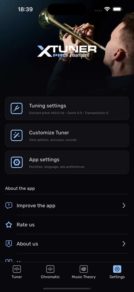 Trumpet Tuner – XTuner PRO - Settings screen of the Trumpet Tuner XTuner PRO app featuring tuning configuration and customization options