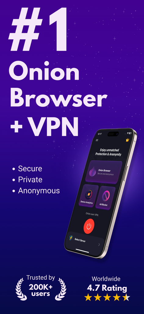 Onion Browser: VPN+Ad Blocker - Interfaz de la aplicación Onion Browser con VPN y bloqueador de anuncios que muestra navegación privada, bloqueador de anuncios y análisis del dispositivo