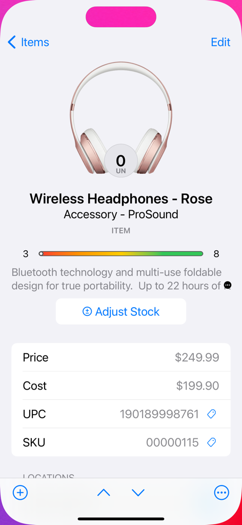 Pantalla de gestión de inventario de productos en la aplicación Factura para Empresas que muestra los niveles de stock y precios de auriculares inalámbricos