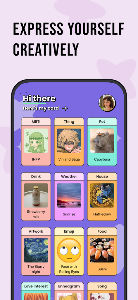 A mobile app interface displaying a personalized user card with MBTI type, favorite anime, and hobby categories.