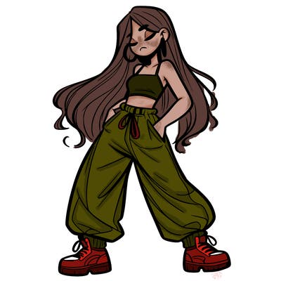 girl in baggy pants crop top and long hair
