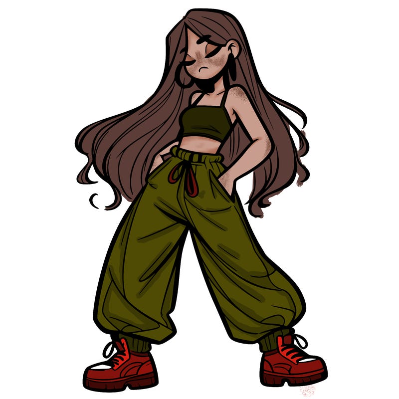 girl in baggy pants crop top and long hair