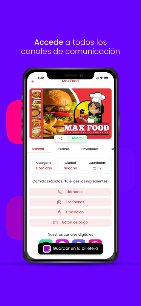 meishi wallet - A mobile interface for the Meishi Wallet app showing a restaurant profile for Max Food with contact options and digital reward information.