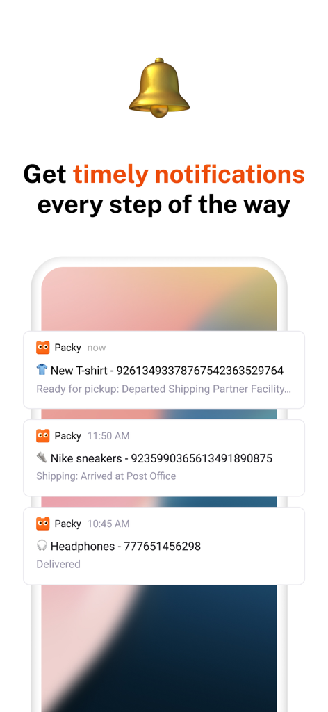 Package Tracker － Packy - Screenshot of Packy app showing real time push notifications for package delivery updates including status for sneakers and headphones