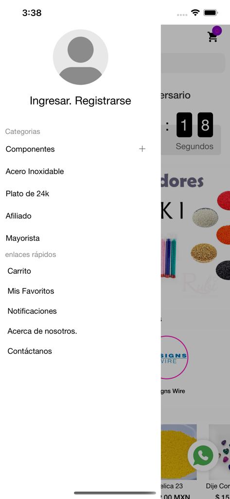 Accesorios Rubi - Seitennavigationsmenü der Accesorios Rubi App mit Kategorien für Schmuckbedarf
