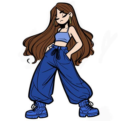 girl in baggy pants crop top and long hair