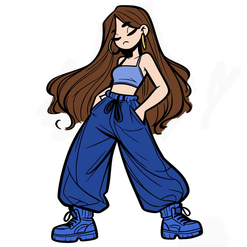 girl in baggy pants crop top and long hair