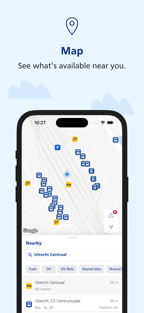 Aplicativo móvel NS Travel Planner mostrando um mapa de opções de transporte, incluindo trens e bicicletas compartilhadas em Utrecht