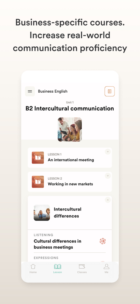 EF Corporate Learning - Interfaz de la aplicación EF Corporate Learning que muestra una unidad de inglés de negocios sobre comunicación intercultural y reuniones internacionales.
