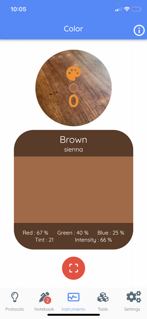 FizziQ - FizziQ app color sensor interface displaying RGB data and intensity for a brown surface