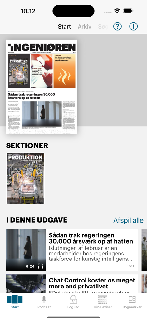 Ingeniøren e-avis - Ingeniøren e-avis mobile app home screen showing the digital engineering newspaper and technical news articles with audio playback options.