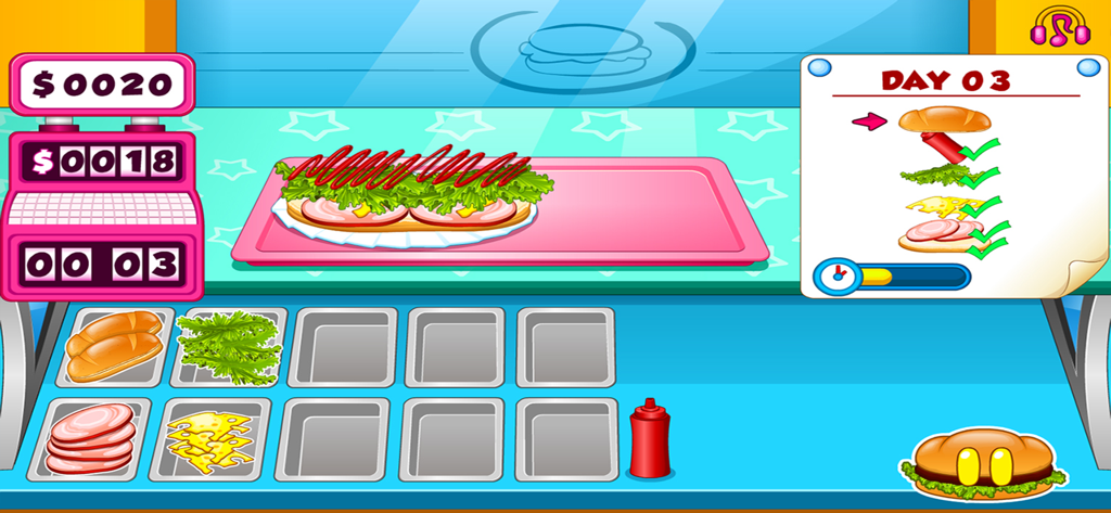 Go Fast Cooking Sandwiches - Mobile game interface showing sandwich assembly with various ingredients and an order checklist