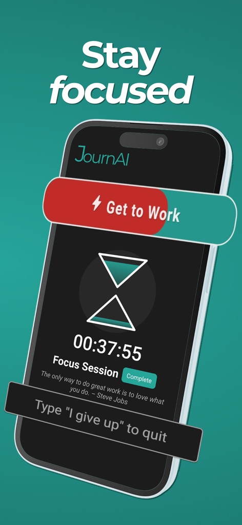 JournAI: Photo Habit Tracker - JournAI app focus session timer screen showing a countdown and a stay focused heading