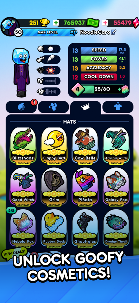 Menu di personalizzazione di Golf Blitz che mostra vari cappelli leggendari e miglioramenti delle abilità del giocatore.