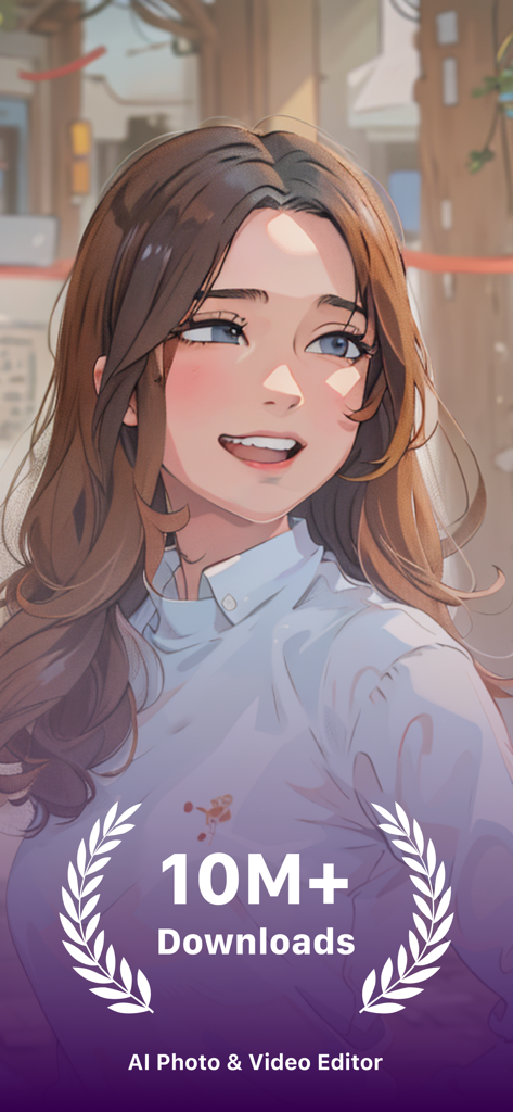 Anime style portrait showcasing the Loopsie AI photo editor with a 10 million plus downloads milestone