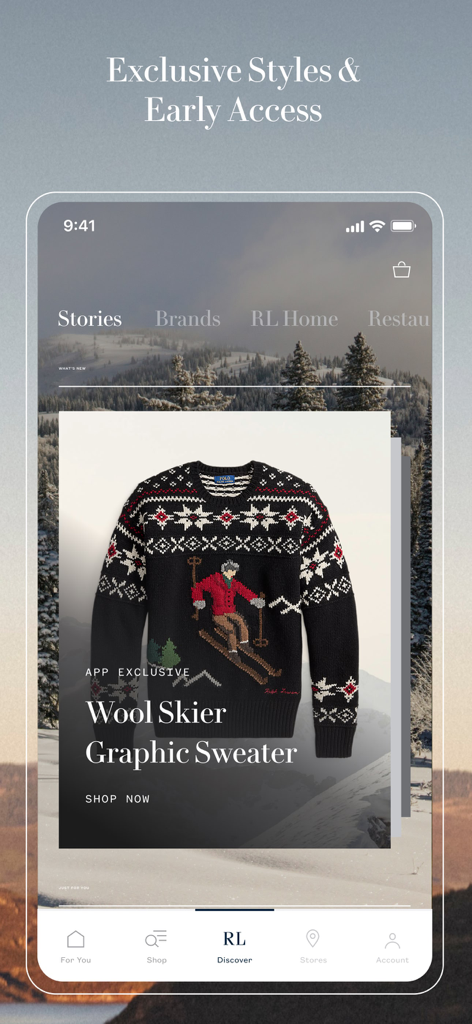 Ralph Lauren app screen displaying an exclusive wool skier graphic sweater and early access styles.