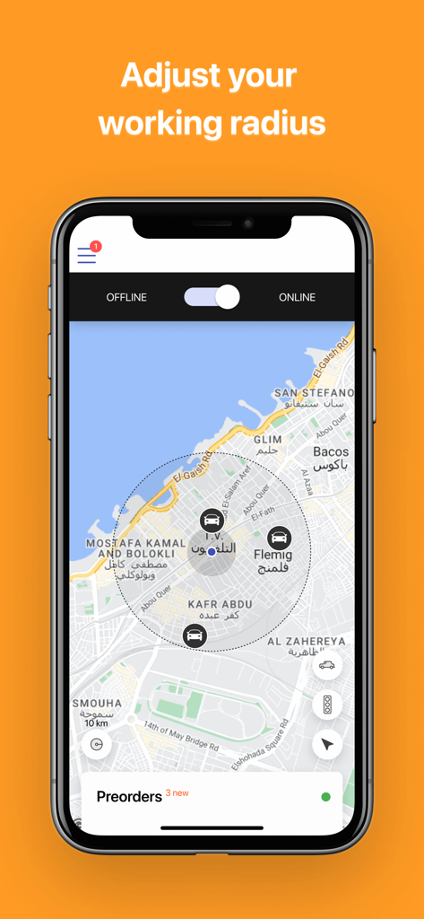 iPhone screen displaying the VoooM Driver app map interface where a driver can adjust their working radius in Alexandria Egypt