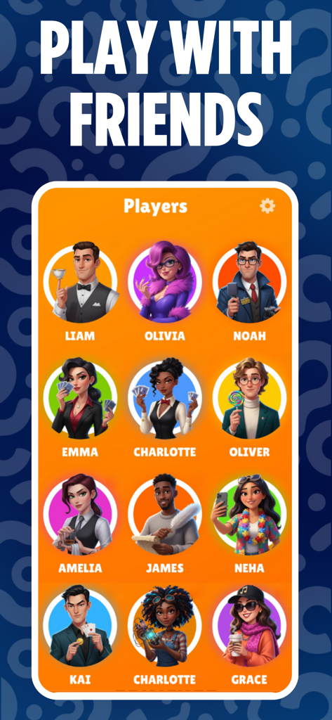 A screen showing multiple diverse character avatars to choose from in the CapIt Impostor party game