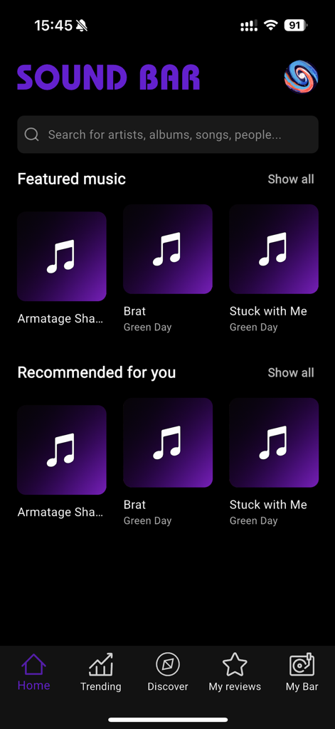 Home screen of Sound Bar music app displaying featured and recommended tracks