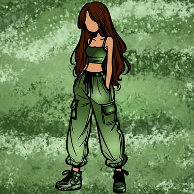 girl in baggy pants crop top and long hair
