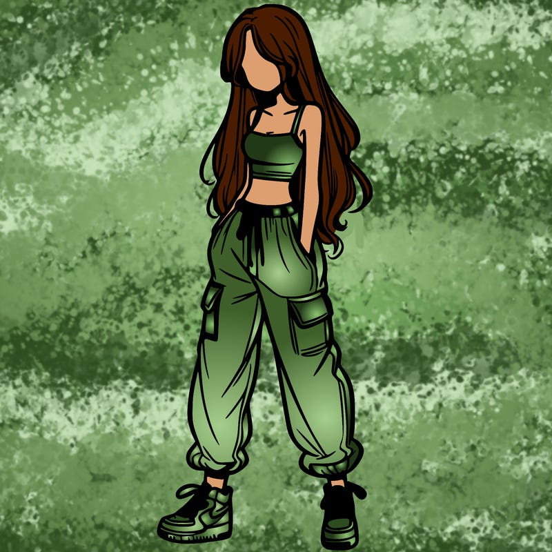 girl in baggy pants crop top and long hair