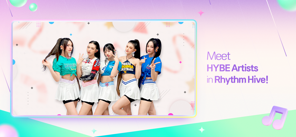 리듬 하이브 홍보 배너에 있는 K팝 그룹 뉴진스의 다섯 멤버