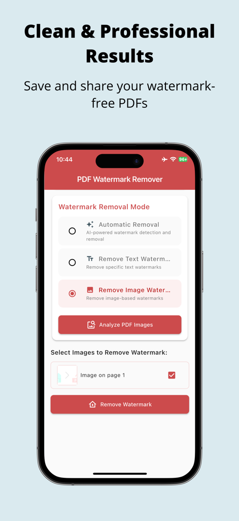 PDFクリーナーアプリ。iPhone画面にテキストと画像の透かしを自動削除するオプションが表示されています。