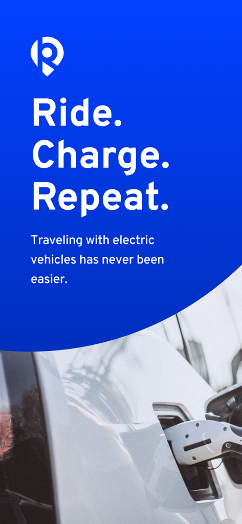 ElectricRoutes - Electric vehicle charging with the text Ride Charge Repeat on the ElectricRoutes app splash screen