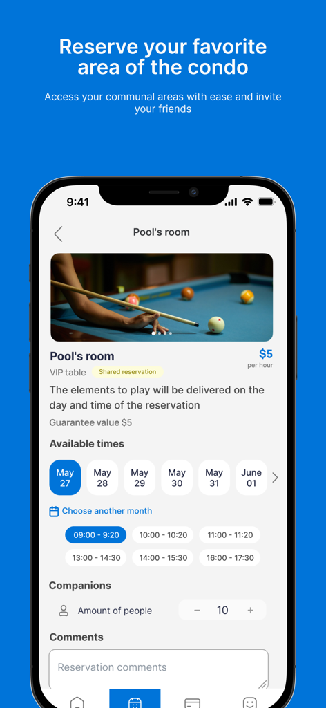 Habitanto - Resident - Smartphone screen showing Habitanto app interface for reserving a condo pool room