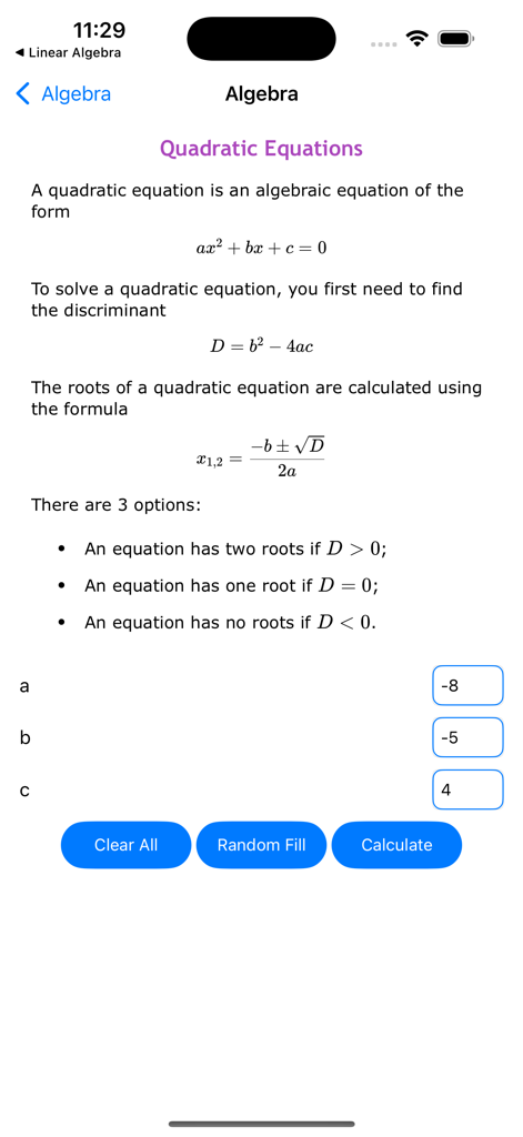 ALG Math Solver - Quadratic equations calculator screen with formulas and input fields for algebra problems