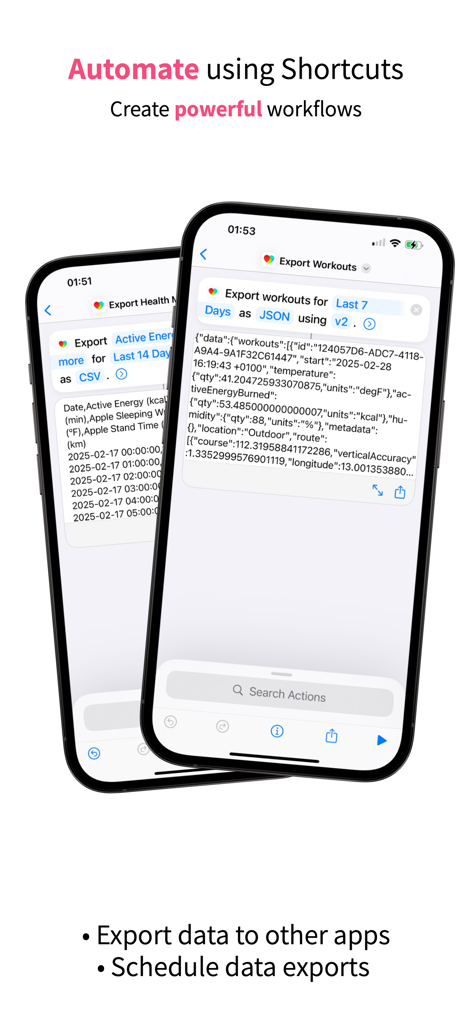 iOS Shortcuts interface showing automated health data exports in JSON and CSV formats