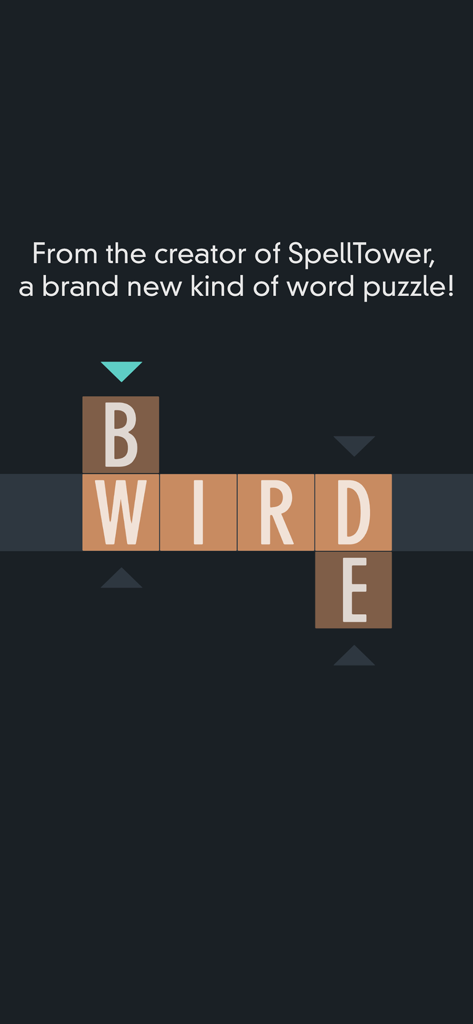 A minimalist word puzzle game interface showing vertical columns of letters shifting to form words