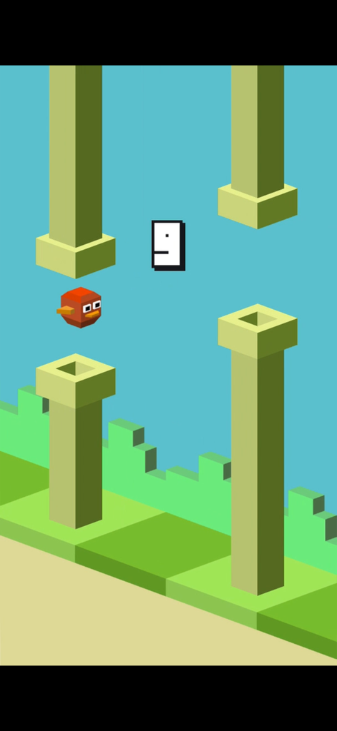 A red voxel bird navigating between green blocky pipes in a minimalist mobile game