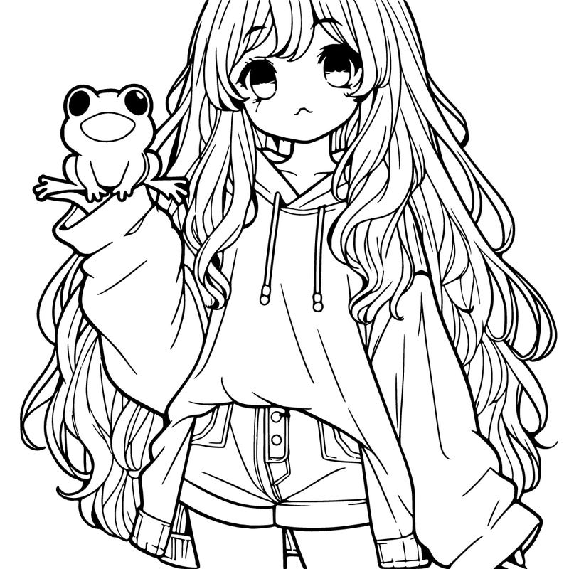 girl with long hair oversized shirt. short shorts and holding a frog. realistic