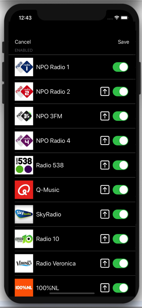 A list of Dutch radio stations like NPO Radio and Radio 538 in the Radios Netherlands app settings