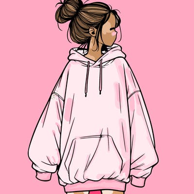 realistic girl with a oversized sweatshirt on and a bun