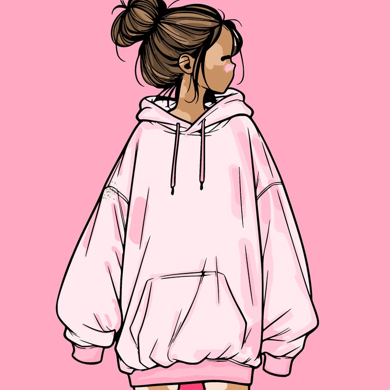 realistic girl with a oversized sweatshirt on and a bun