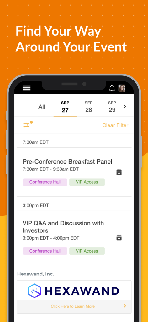 Event App by EventMobi - Mobile interface of the EventMobi app showing a daily conference schedule with session times and locations.